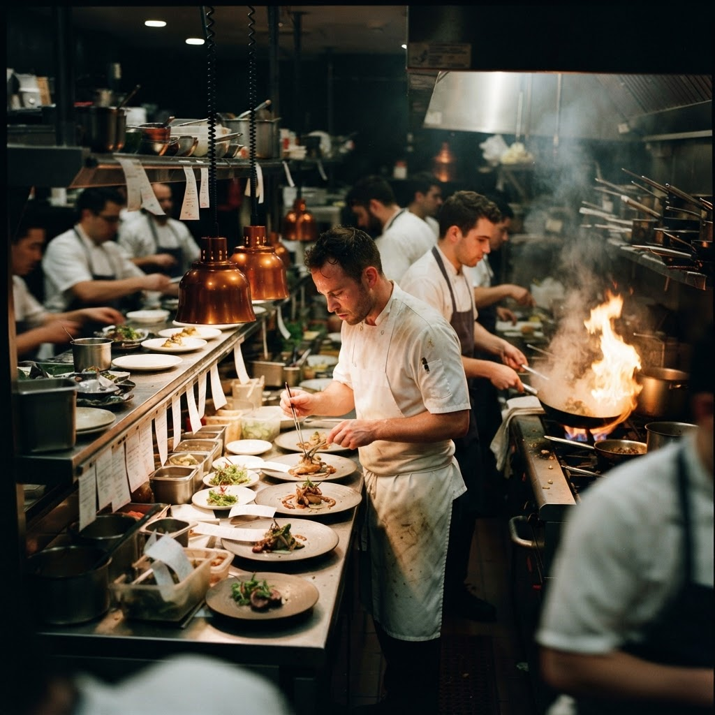 Chefs working under pressure in a packed professional kitchen during peak service